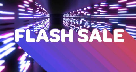 Futuristic neon tunnel flash sale banner with diagonal gradient, led motion and reflections