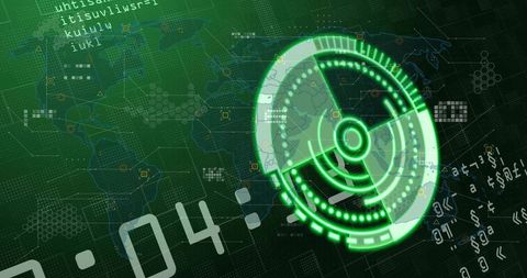 Scanning neon radar hud overlay sweeping global map with futuristic telemetry interface