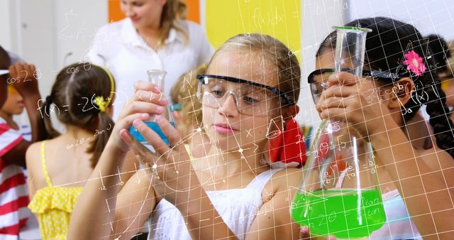 Image of mathematical equations over two diverse girls performing experiment at laboratory. School and education concept