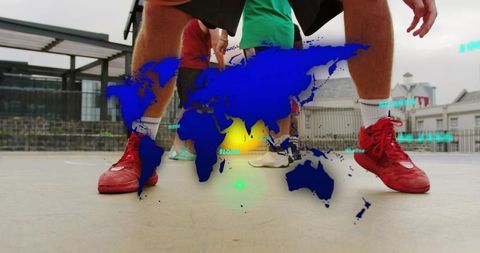 Urban rooftop basketball players lower-body wearing red high-top sneakers with hud map
