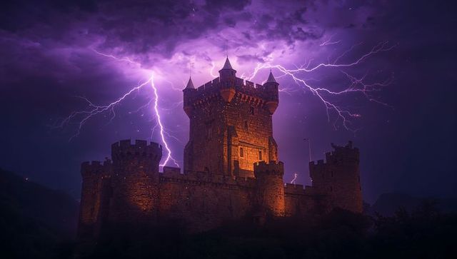 Storm-lit gothic castle at night with purple lightning striking turrets and hilltop keep