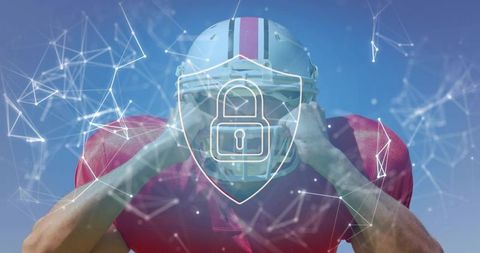 Football player adjusting helmet with shield lock overlay representing cybersecurity and safety