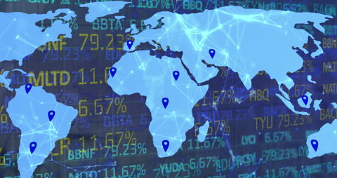 World Map with Financial Data Points and Digital Overlay