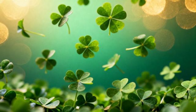 Floating three-leaf clovers with golden bokeh sunlit macro green background for st patrick's day