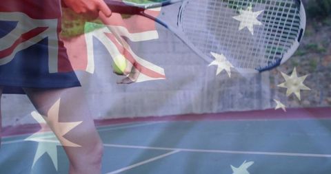Tennis Player with Australian Flag Overlaying on Court, Action and Patriotism