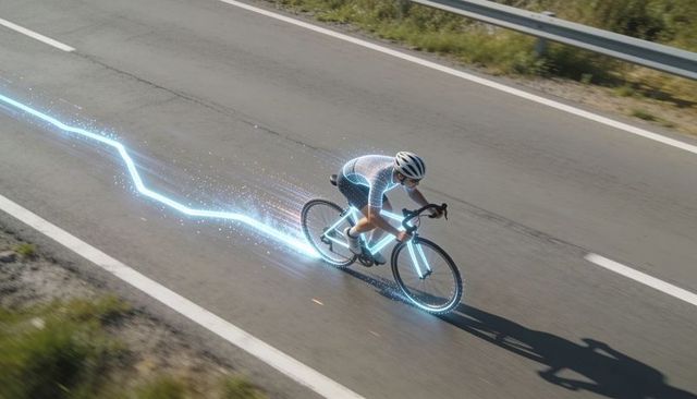 High-speed road cyclist in aero kit with neon light trails racing sunlit open highway