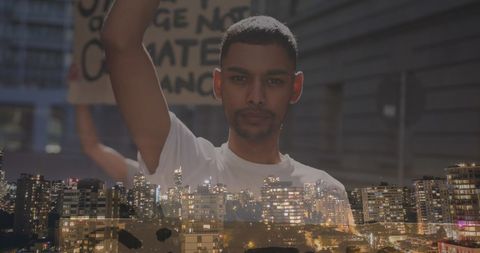 Activist Protest Gesture Over Urban Skyline Collage