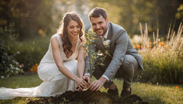 Couple Planting Sapling at Garden Wedding Celebrating New Beginnings
