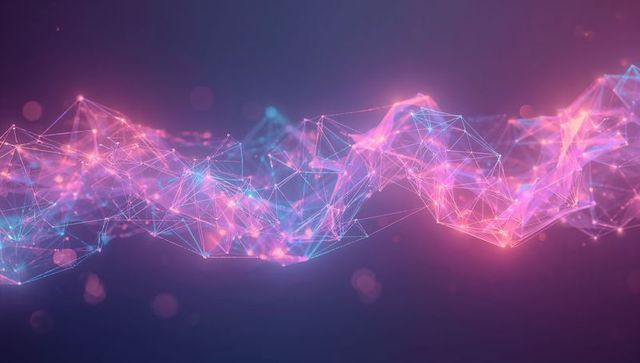 Flowing neon network ribbon showing glowing nodes and connecting lines in digital mesh