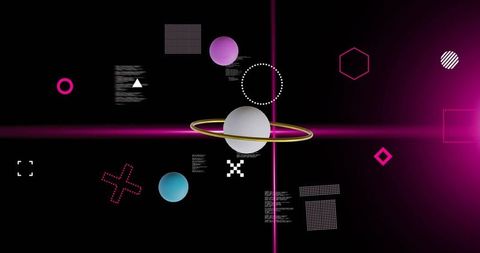 Floating orb with gold ring intersecting neon magenta cross lines and geometric glyphs