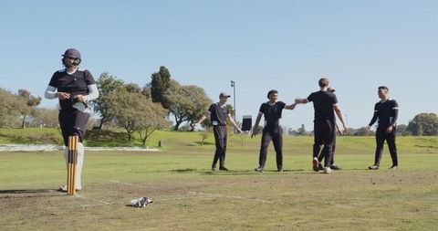 Cricketers Celebrating Wicket on Sunny Day at Outdoor Field