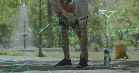 Senior athlete catching breath in technological fusion of health and fitness