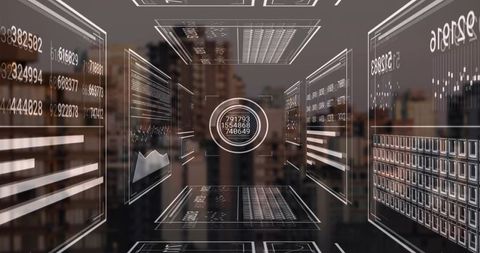Futuristic Data Tunnel with Floating HUD Panels and Central Node Over Urban Glass Facade