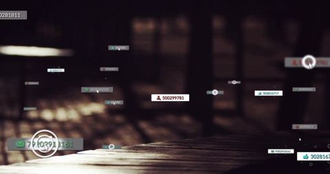 Moody wooden tabletop with floating data labels and cursor in industrial loft