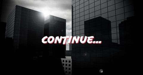 Dramatic cityscape with continue message illustration