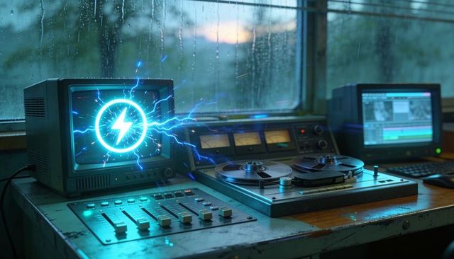 Retro reel-to-reel audio console emitting neon lightning bolt on crt monitor in rainy studio