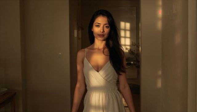 Woman standing in doorway soaking golden-hour light wearing wrap dress lifestyle portrait
