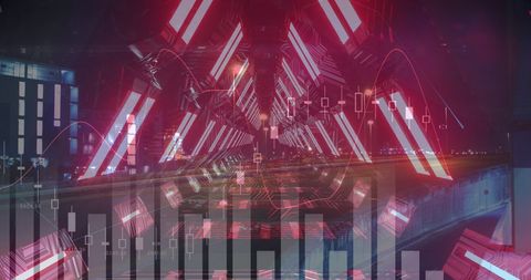 Futuristic Financial Data in Red Glowing Tunnel