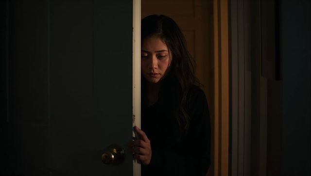 Young woman standing behind partially open door in moody hallway with brass doorknob