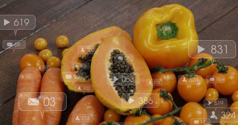 Rustic display of papaya and vegetables with digital overlay