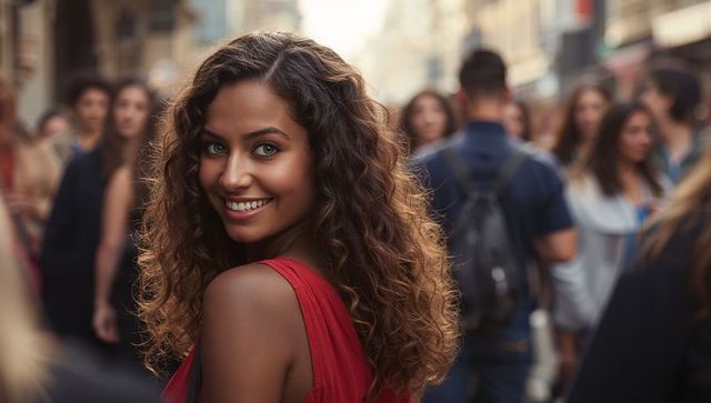 Smiling woman turning to camera on busy urban street wearing red dress and curly hair