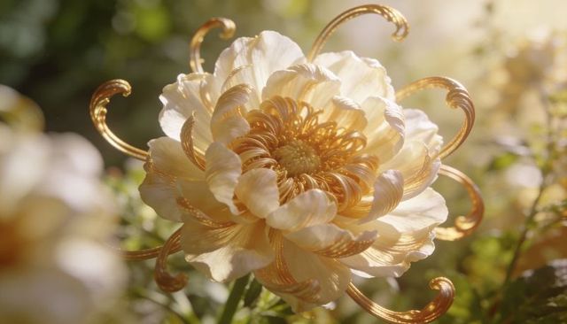 Golden Chrysanthemum Closeup with Curled Gold-Tipped Petals, Backlit Glow and Soft Bokeh
