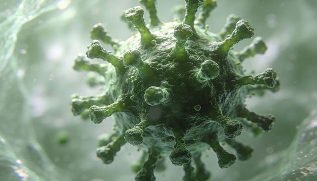 Green coronavirus-style virion with club-shaped spike proteins floating in fluid