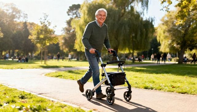 Active senior man walking with rollator on sunny park path enjoying outdoor independence