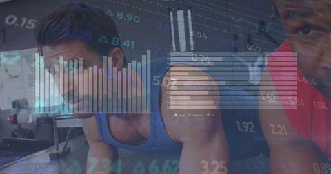 Athletes Performing Plank Exercise with Financial Data Overlay