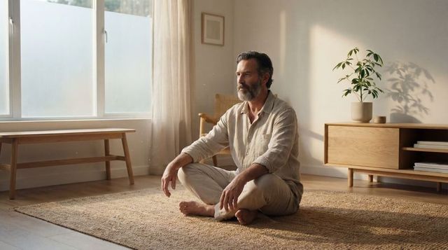 Middle-aged man meditating on woven rug in sunlit minimalist scandinavian living room
