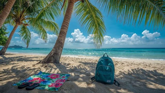 Tropical Beach Serenity with Backpack and Floral Towel