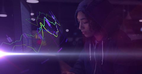 Woman in hoodie analyzing neon trading charts with holographic overlays in moody tech lab