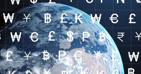 Earth overlaid with currency symbols depicting global digital finance and future economy