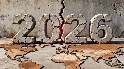 Cracking concrete numerals 2026 tearing world map as fissure widens with glowing core