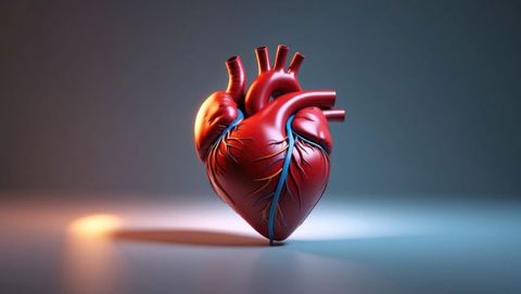 Human heart model floating under dramatic lighting with detailed anatomy, cardiovascular diseases su