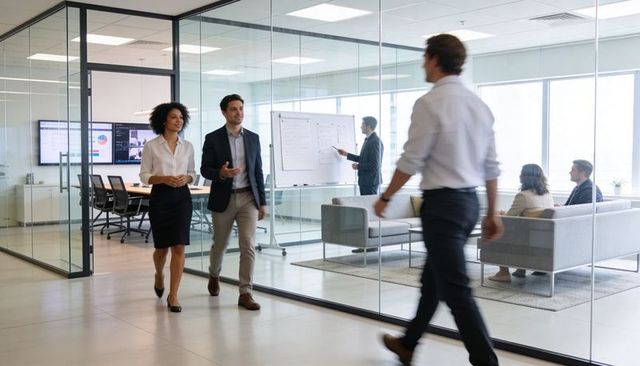 Business team walking and talking in modern glass office corridor with lounge and whiteboard