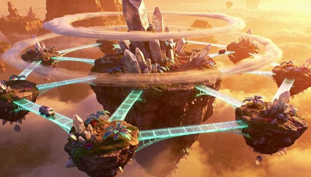 Floating crystal archipelago glowing at dawn, connecting bridges activating launch pods