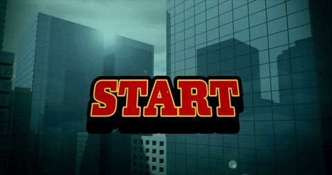 Start text overlay on urban cityscape background