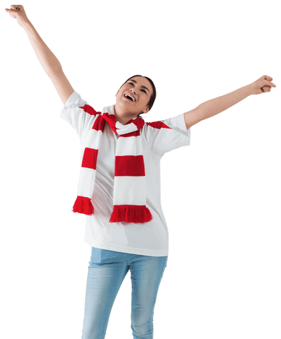 Excited asian sports fan cheering with arms raised transparent