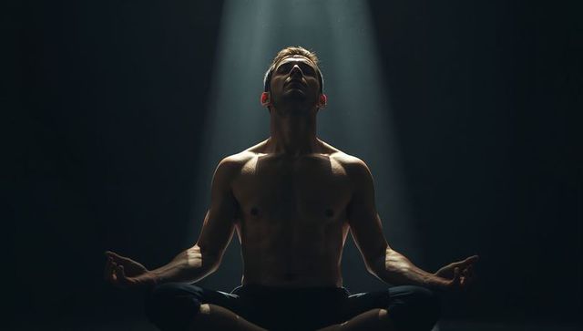 Shirtless Man Meditating Under Dramatic Spotlight for Mindfulness and Inner Strength