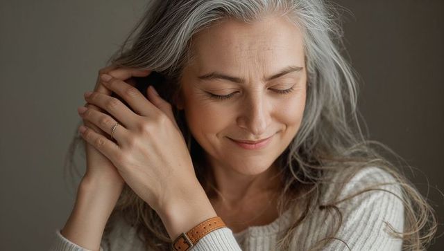 Serene smiling mature woman with silver hair touching ear, cozy cream sweater portrait
