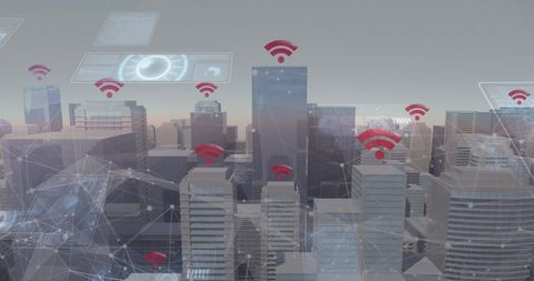 Futuristic City with Digital Network Connections Over Buildings