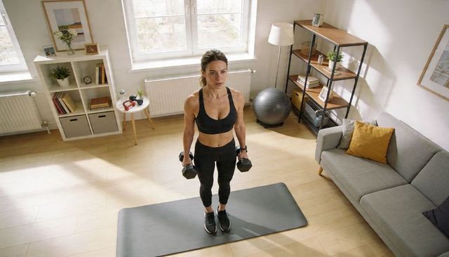 Athletic woman working out with dumbbells on mat in sunlit modern living room