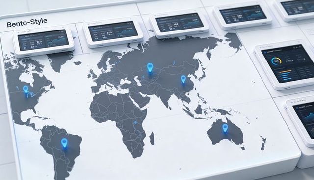Global operations dashboard showing interactive location pins, tablet analytics, world map