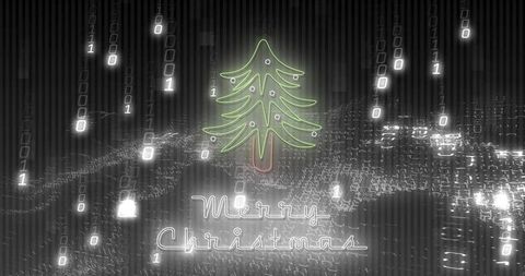 Neon Christmas Tree in Cyber Binary Matrix with Merry Christmas Glowing Text