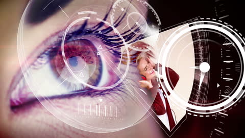 Caucasian Woman's Eye with Futuristic Scanning and Clock Motifs
