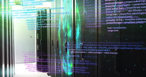 Cyberpunk data center corridor showing black server racks with neon hologram code overlays