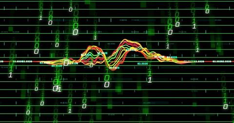 Neon Binary Waveform Dashboard Visualizing Real-Time Data Stream and Signal Patterns
