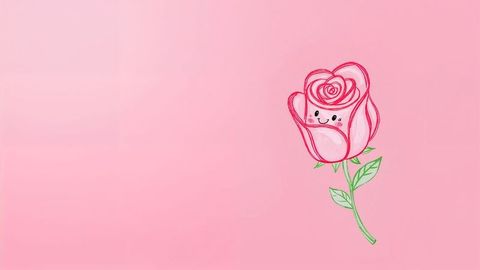 Adorable cartoon rose drawing on pastel pink background with copy space