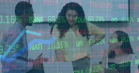 Collaborative Business Team with Stock Market Data Overlay